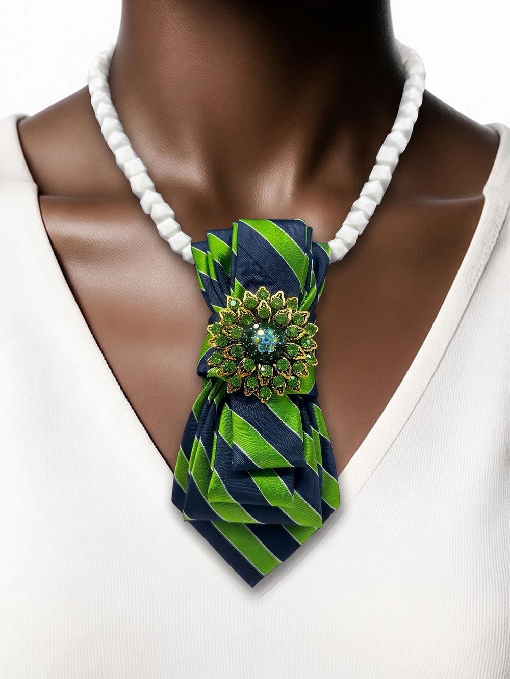 CHIC CHICK UPCYCLE | Navy Lime Green Striped Tie Necklace Gold Floral Accent